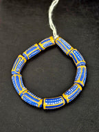 Royal Blue Krobo Painted Glass Tube Beads with Golden Yellow Borders | Handcrafted Recycled Glass from Ghana