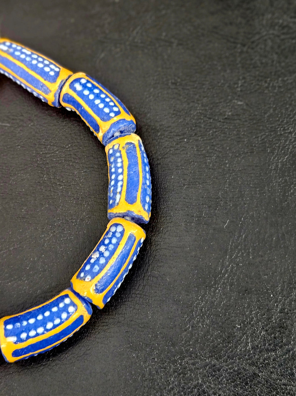 Royal Blue Krobo Painted Glass Tube Beads with Golden Yellow Borders | Handcrafted Recycled Glass from Ghana