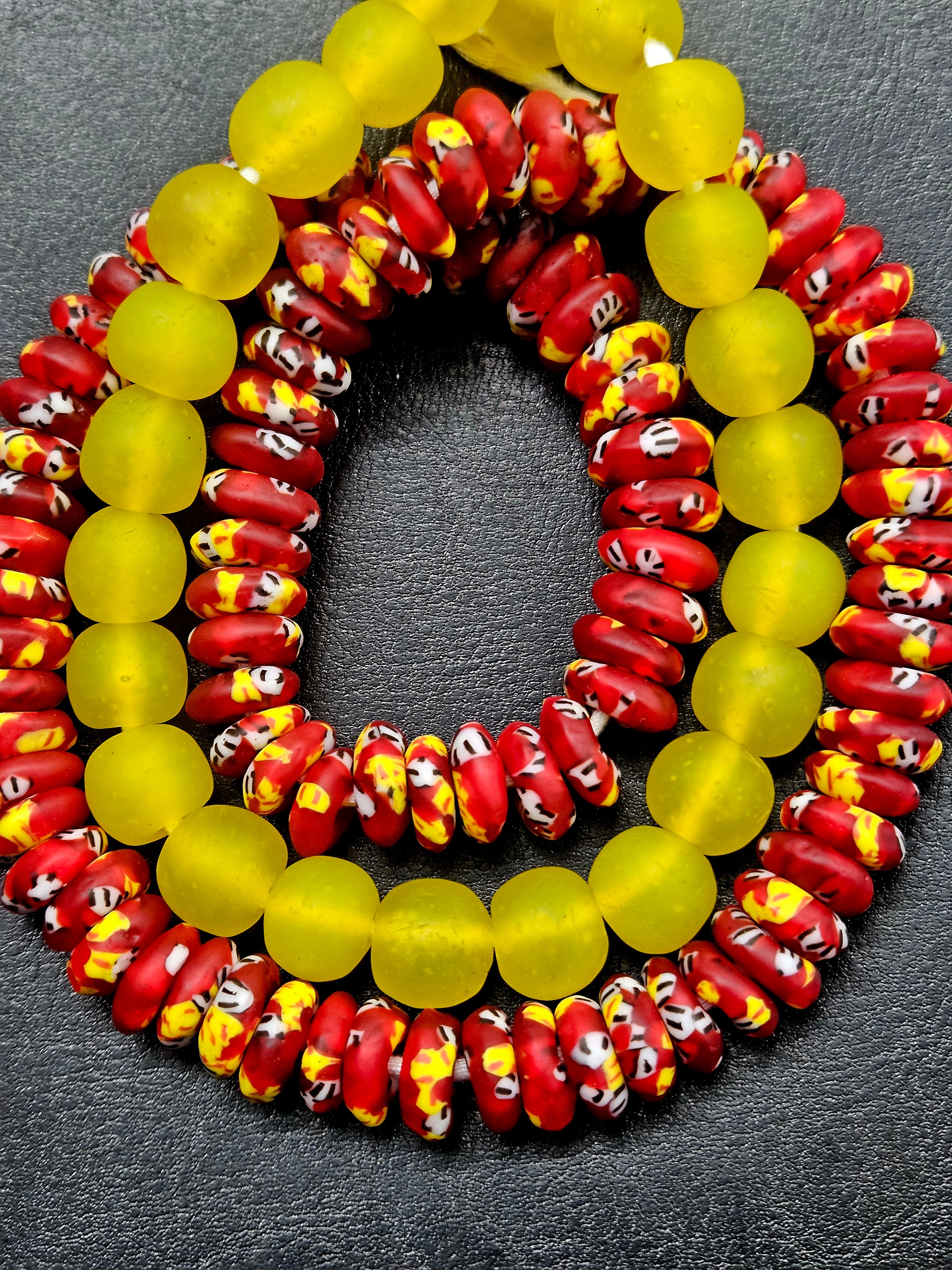 AADAMPO Curator Bundle | Red Hand-Painted Krobo Fused Glass Rondelle Beads & Yellow Krobo Pocket Glass Beads | Designer Collection | Ghana