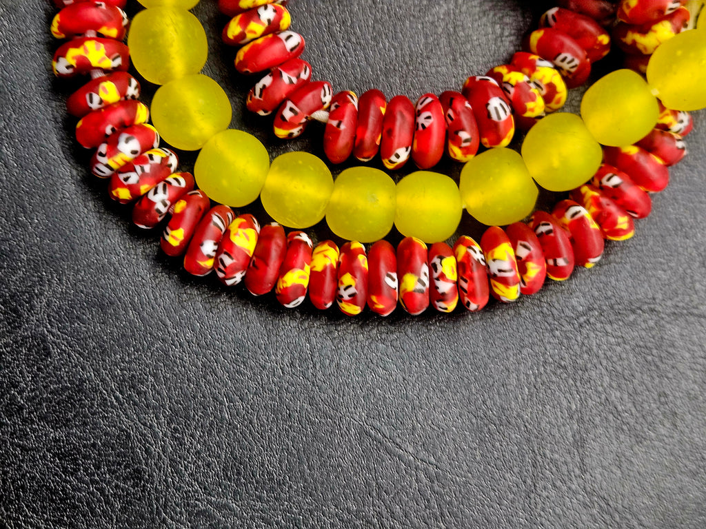AADAMPO Curator Bundle | Red Hand-Painted Krobo Fused Glass Rondelle Beads & Yellow Krobo Pocket Glass Beads | Designer Collection | Ghana