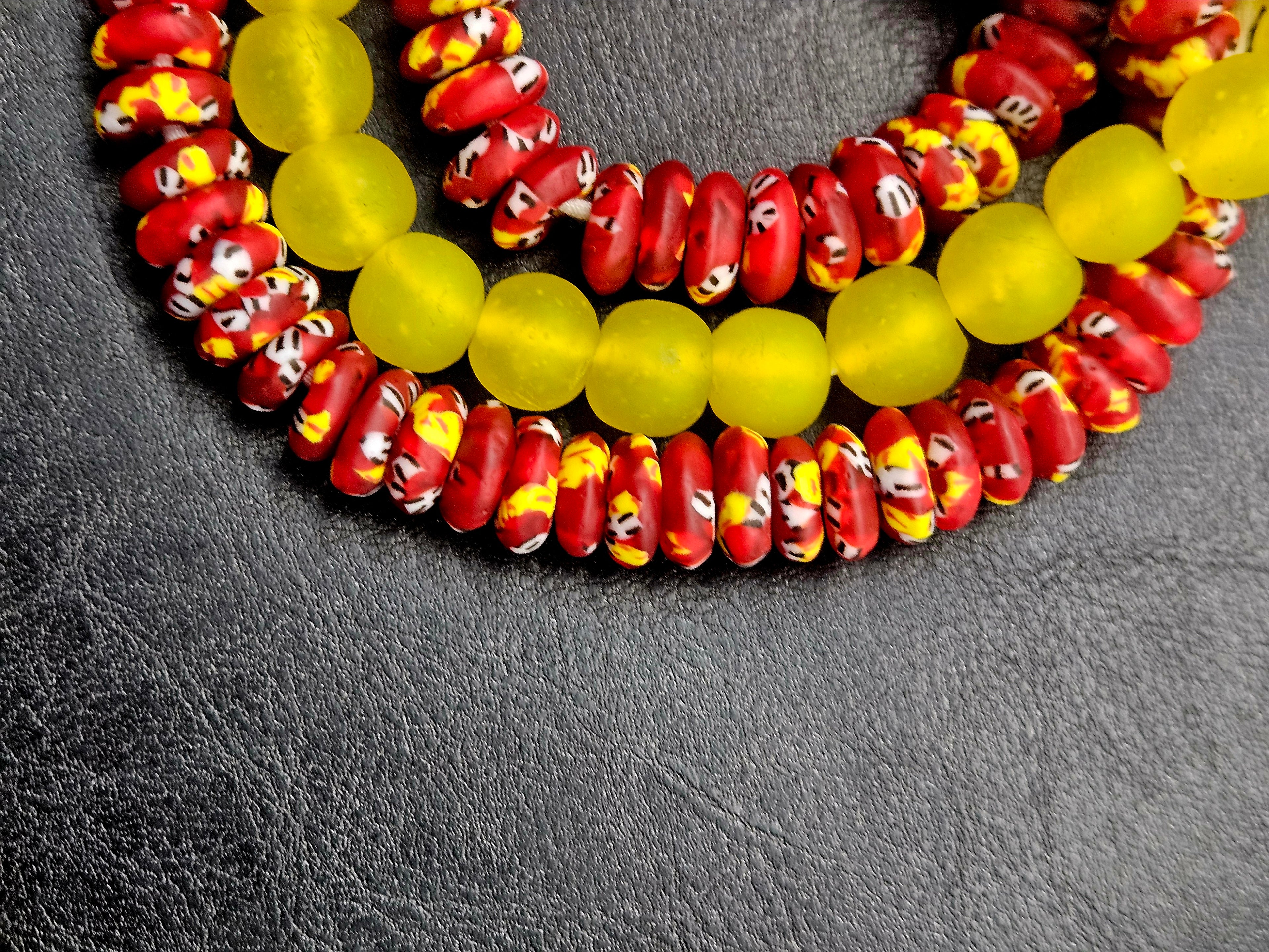 AADAMPO Curator Bundle | Red Hand-Painted Krobo Fused Glass Rondelle Beads & Yellow Krobo Pocket Glass Beads | Designer Collection | Ghana