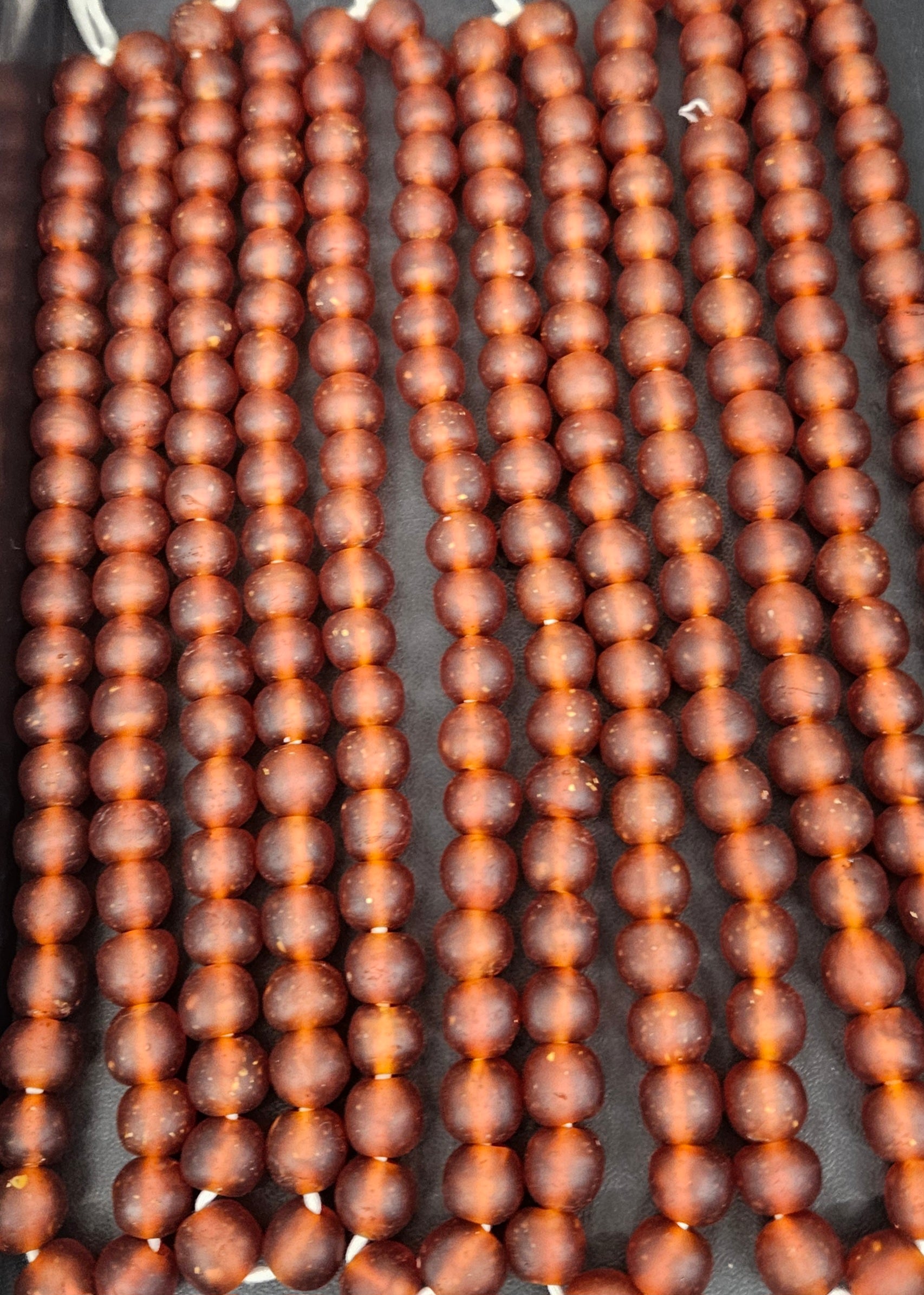 Handmade Krobo Pocket Glass Beads from Ghana – Amber Brown 13–14mm Strand