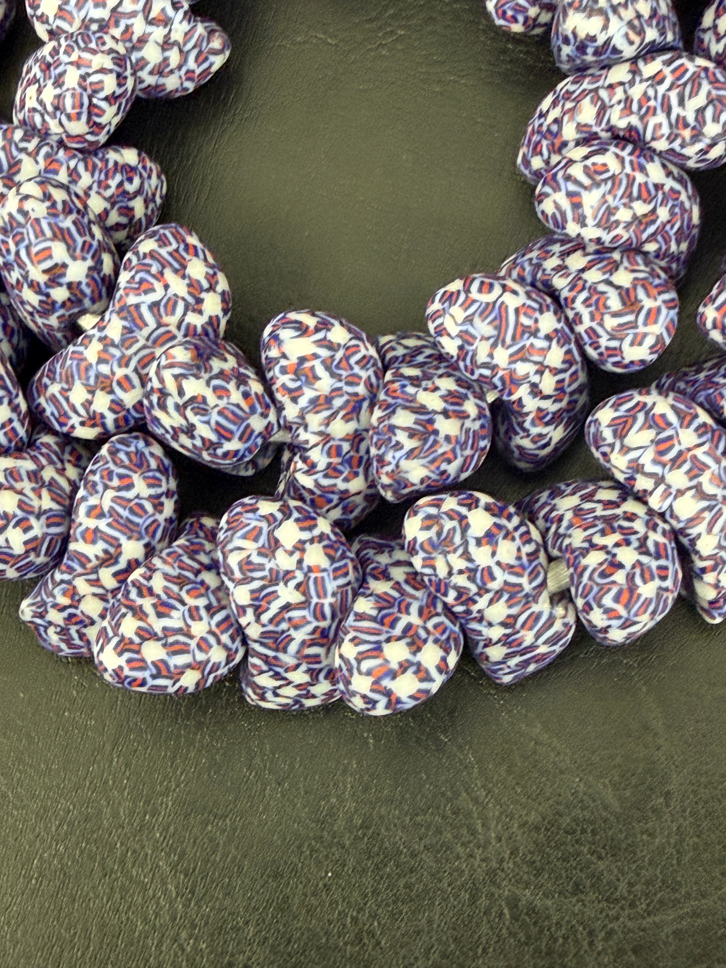 XL Patriotic Mosaic Canoe-Shaped Krobo Powdered Glass Beads – Red White Blue Patterned African Recycled Glass Beads | Handmade Ghana Glass Beads | Statement Jewelry Beads Strand