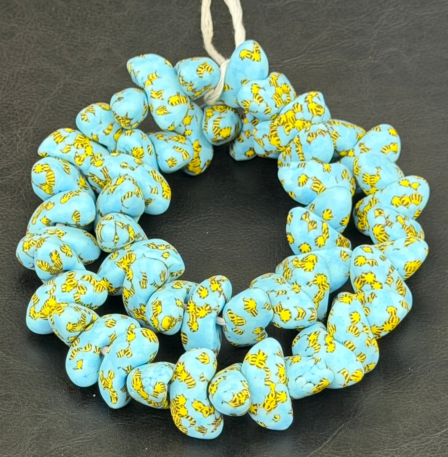 XL Sky Blue, Black & Golden Yellow Canoe-Shaped Krobo Powdered Glass Beads | Handmade Recycled Glass Beads from Ghana | Large Hole African Designer Beads