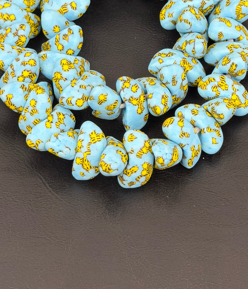 XL Sky Blue, Black & Golden Yellow Canoe-Shaped Krobo Powdered Glass Beads | Handmade Recycled Glass Beads from Ghana | Large Hole African Designer Beads