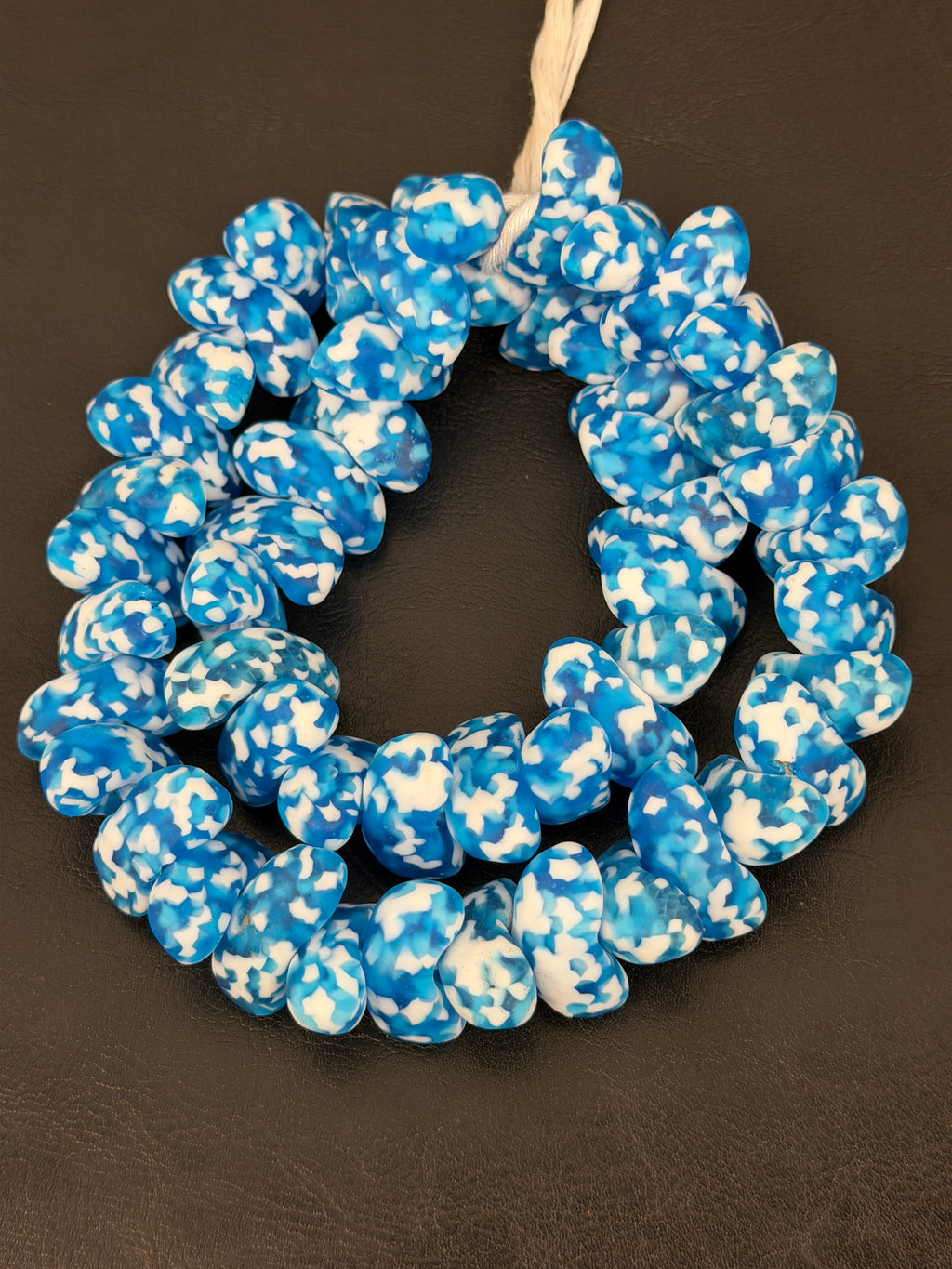 XL Ocean Mosaic Canoe-Shaped Krobo Powdered Glass Beads | Blue & White Recycled Glass Beads | Handmade African Beads from Ghana