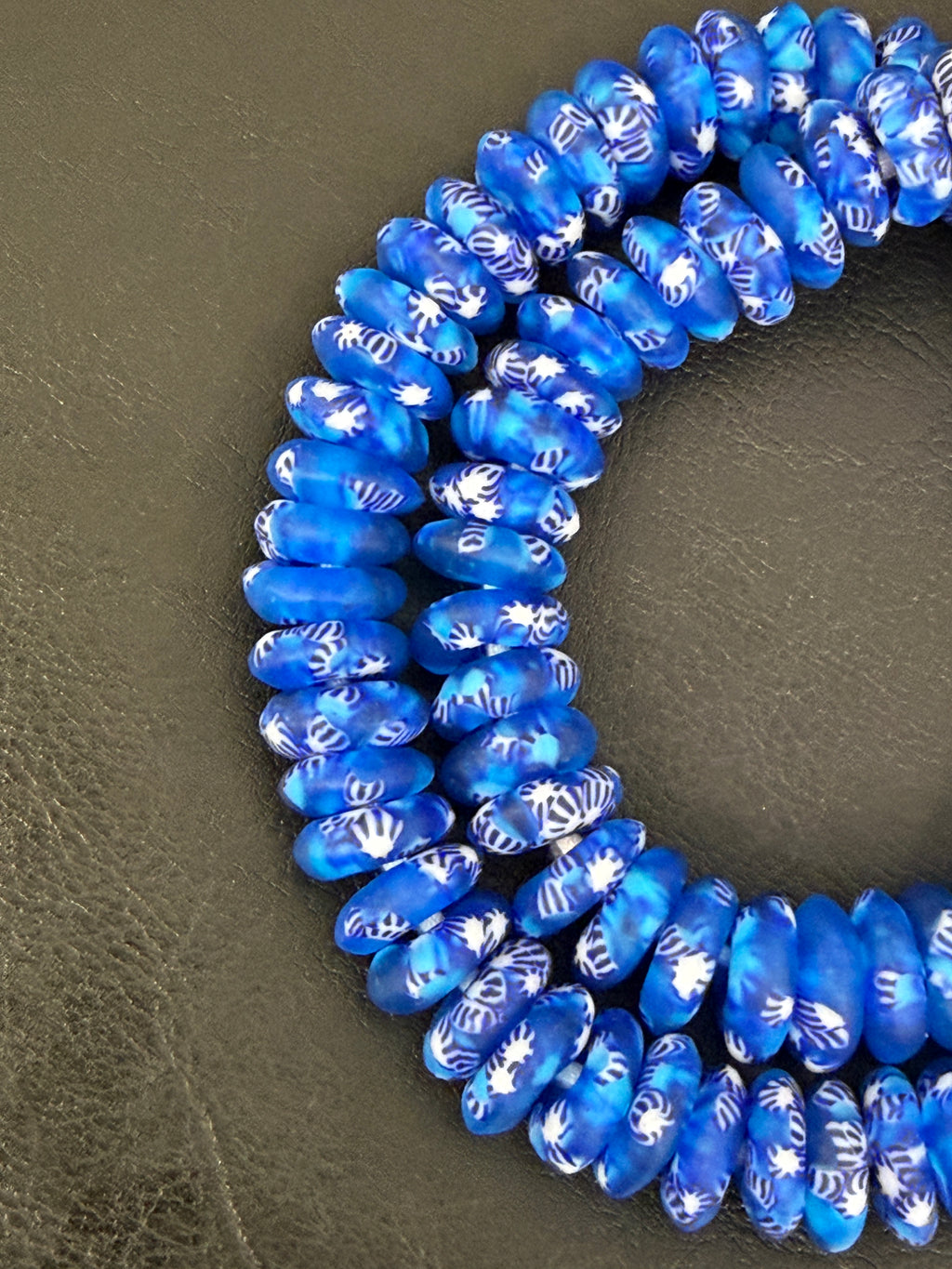 Blue Fused Krobo Rondelle Recycled Glass Beads | Handcrafted Ghana African Trade Beads | 95–99 Beads per Strand