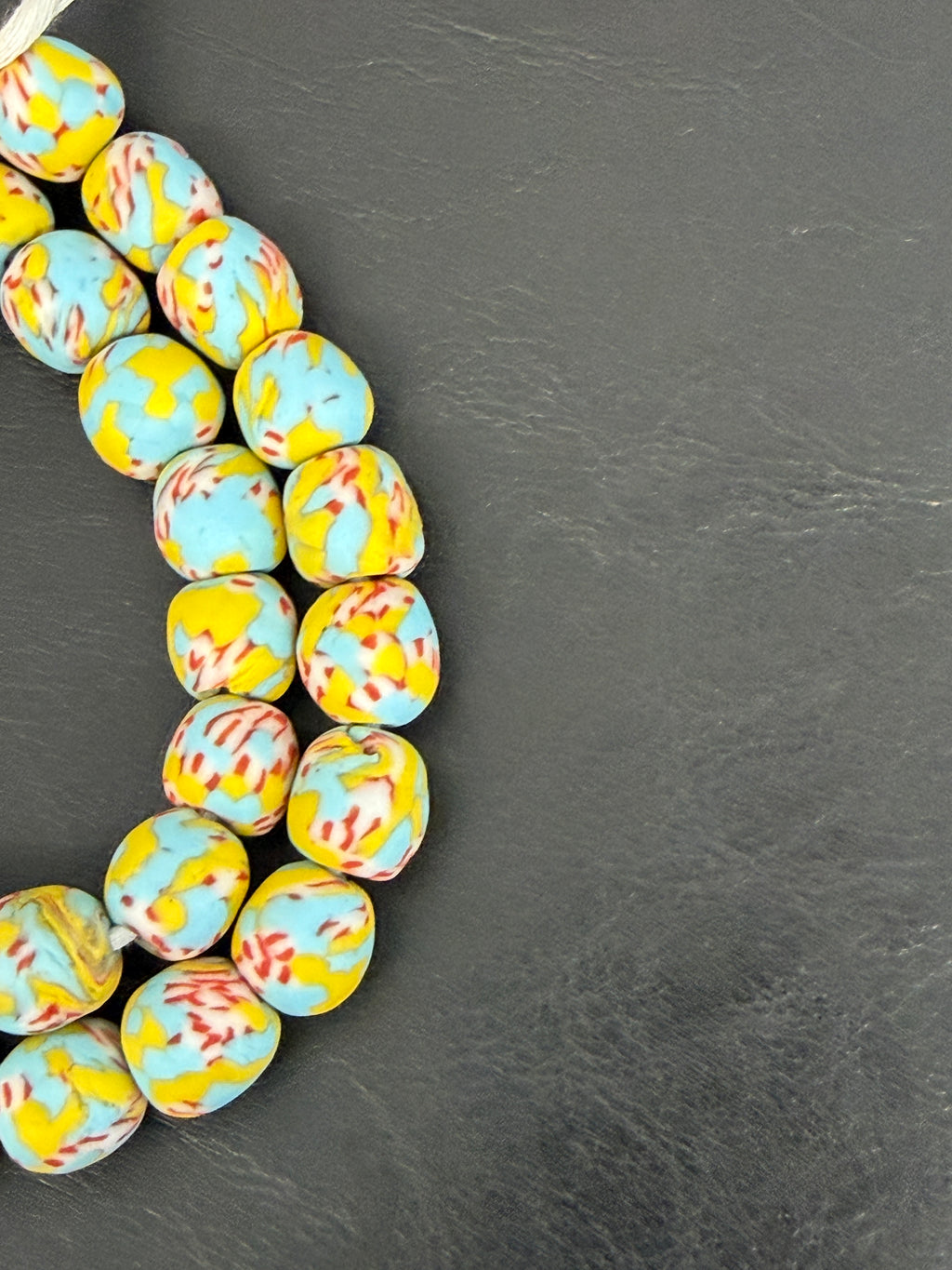 Sky Blue & Ivory Fused Krobo Recycled Glass Beads 12–14mm | Handmade African Glass Beads from Ghana | 44 Beads Per Strand