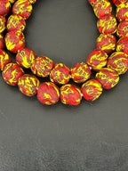Fused Krobo Recycled Glass Beads 12–14mm | Crimson Red Yellow Handmade African Glass Beads from Ghana
