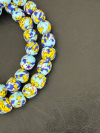 Authentic Fused Krobo Recycled Glass Beads 12–14mm | Blue Yellow African Glass Beads | Handmade in Ghana