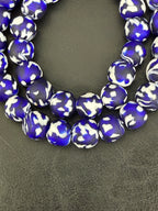 Fused Krobo Recycled Glass Beads 12–14mm | Cobalt Blue, Ivory & Black Handmade African Glass Beads from Ghana