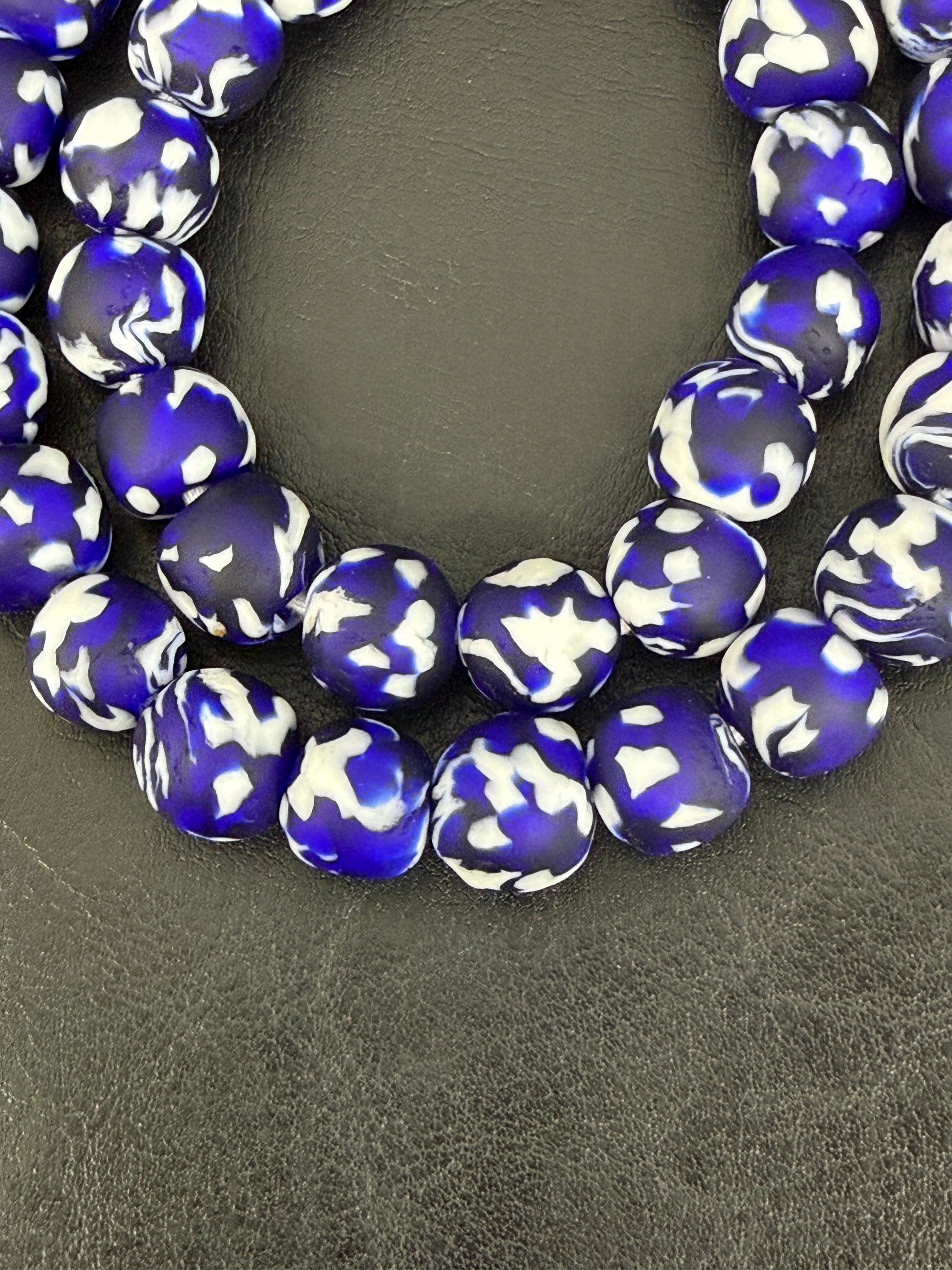 Fused Krobo Recycled Glass Beads 12–14mm | Cobalt Blue, Ivory & Black Handmade African Glass Beads from Ghana