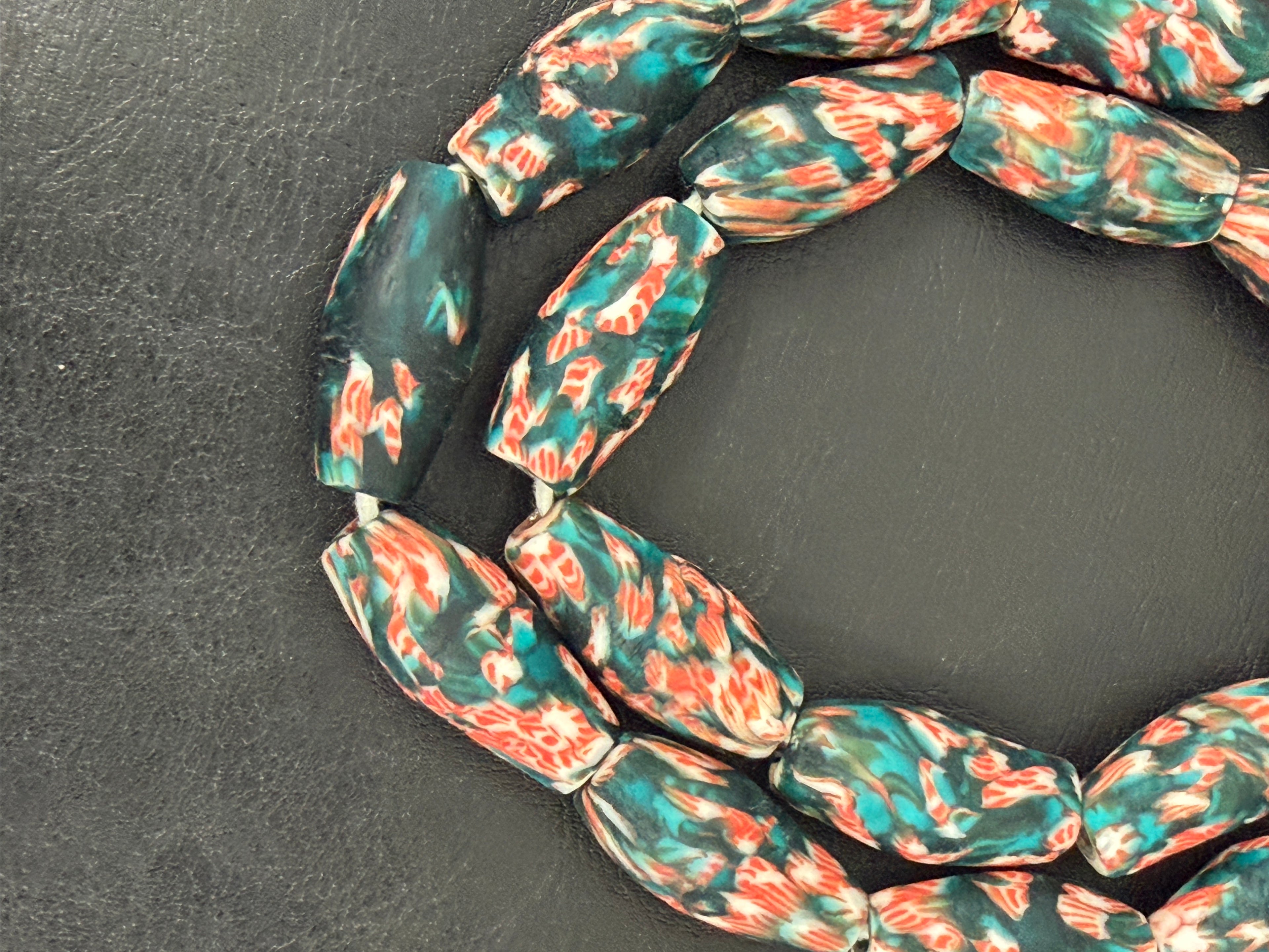Teal and Coral Fused Krobo Recycled Glass Beads, Handmade African Glass Beads, Ghana Statement Jewelry Supplies