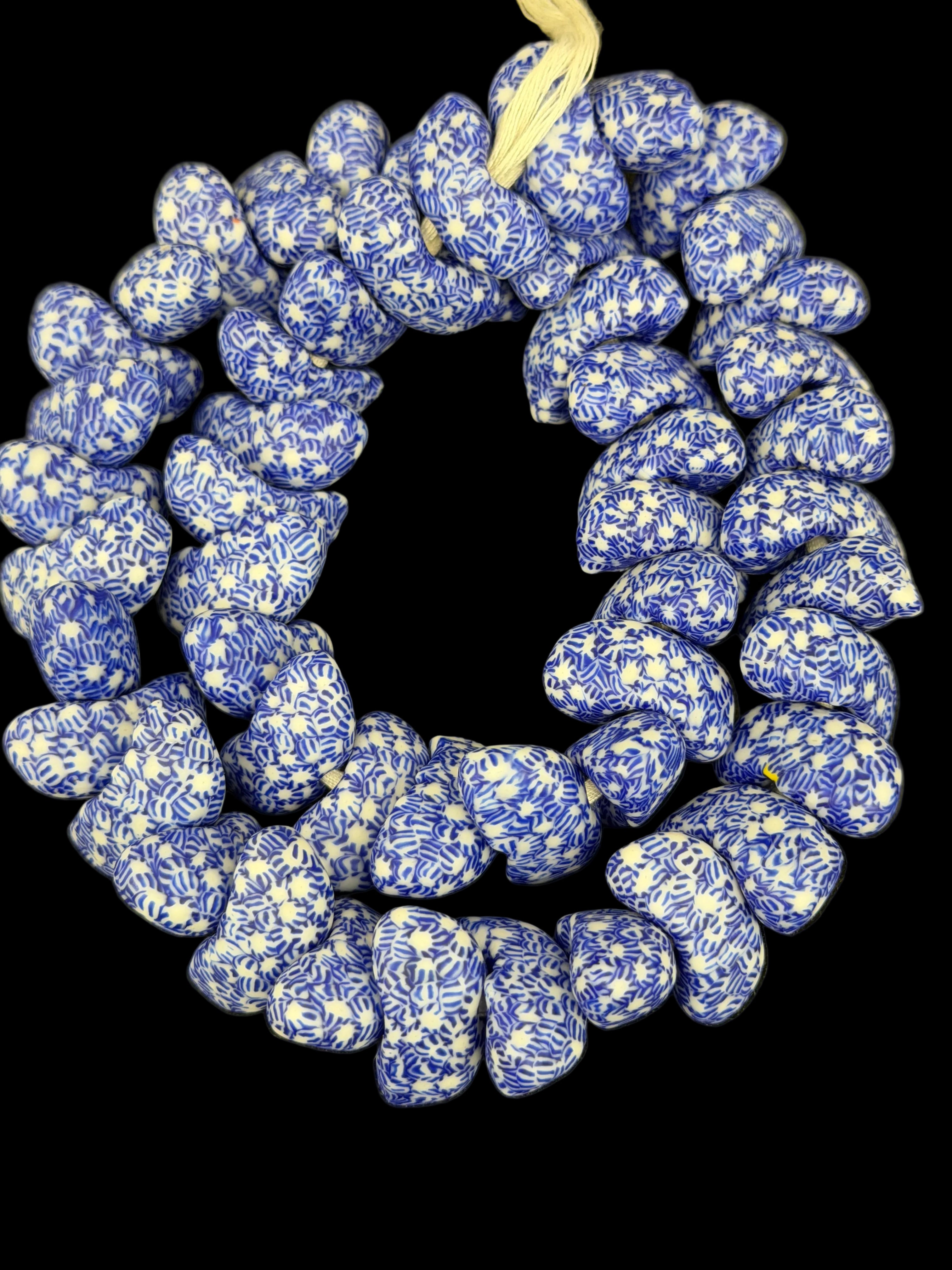 XL Canoe-Shaped Krobo Powdered Glass Beads – Blue & White Patterned African Recycled Glass Beads | Handmade Ghana Glass Beads | Statement Jewelry Beads Strand