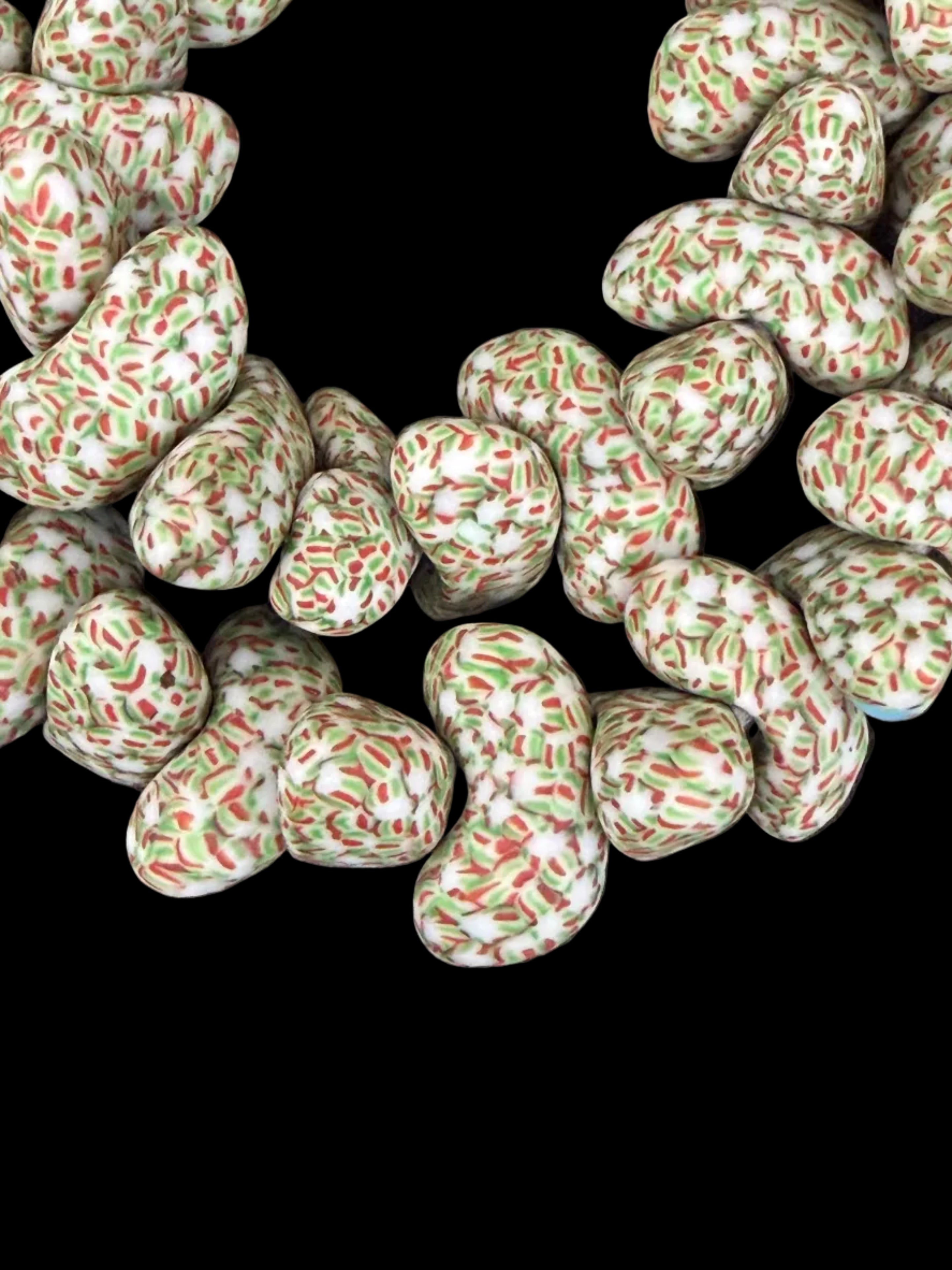 XL Canoe-Shaped Krobo Powdered Glass Beads – White, Green & Coral Patterned African Recycled Glass Beads | Handmade Ghana Glass Beads | Statement Jewelry Beads Strand