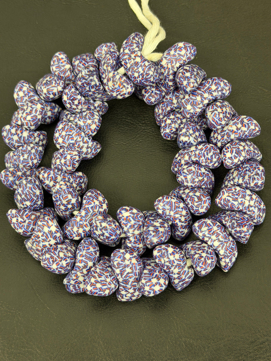 XL Patriotic Mosaic Canoe-Shaped Krobo Powdered Glass Beads – Red White Blue Patterned African Recycled Glass Beads | Handmade Ghana Glass Beads | Statement Jewelry Beads Strand