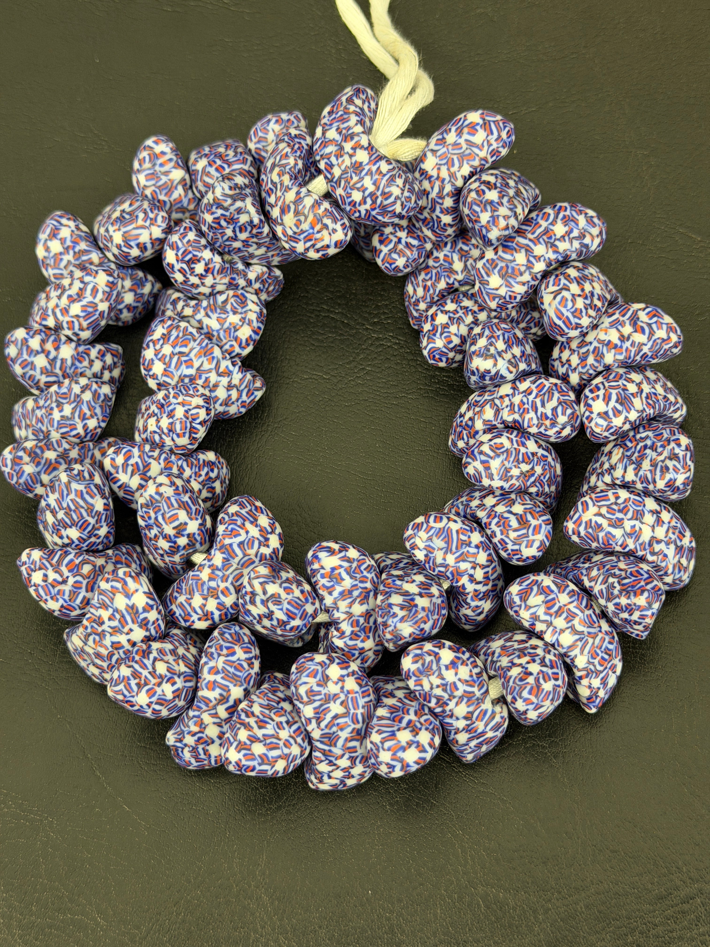 XL Patriotic Mosaic Canoe-Shaped Krobo Powdered Glass Beads – Red White Blue Patterned African Recycled Glass Beads | Handmade Ghana Glass Beads | Statement Jewelry Beads Strand