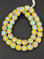 Sky Blue & Ivory Fused Krobo Recycled Glass Beads 12–14mm | Handmade African Glass Beads from Ghana | 44 Beads Per Strand