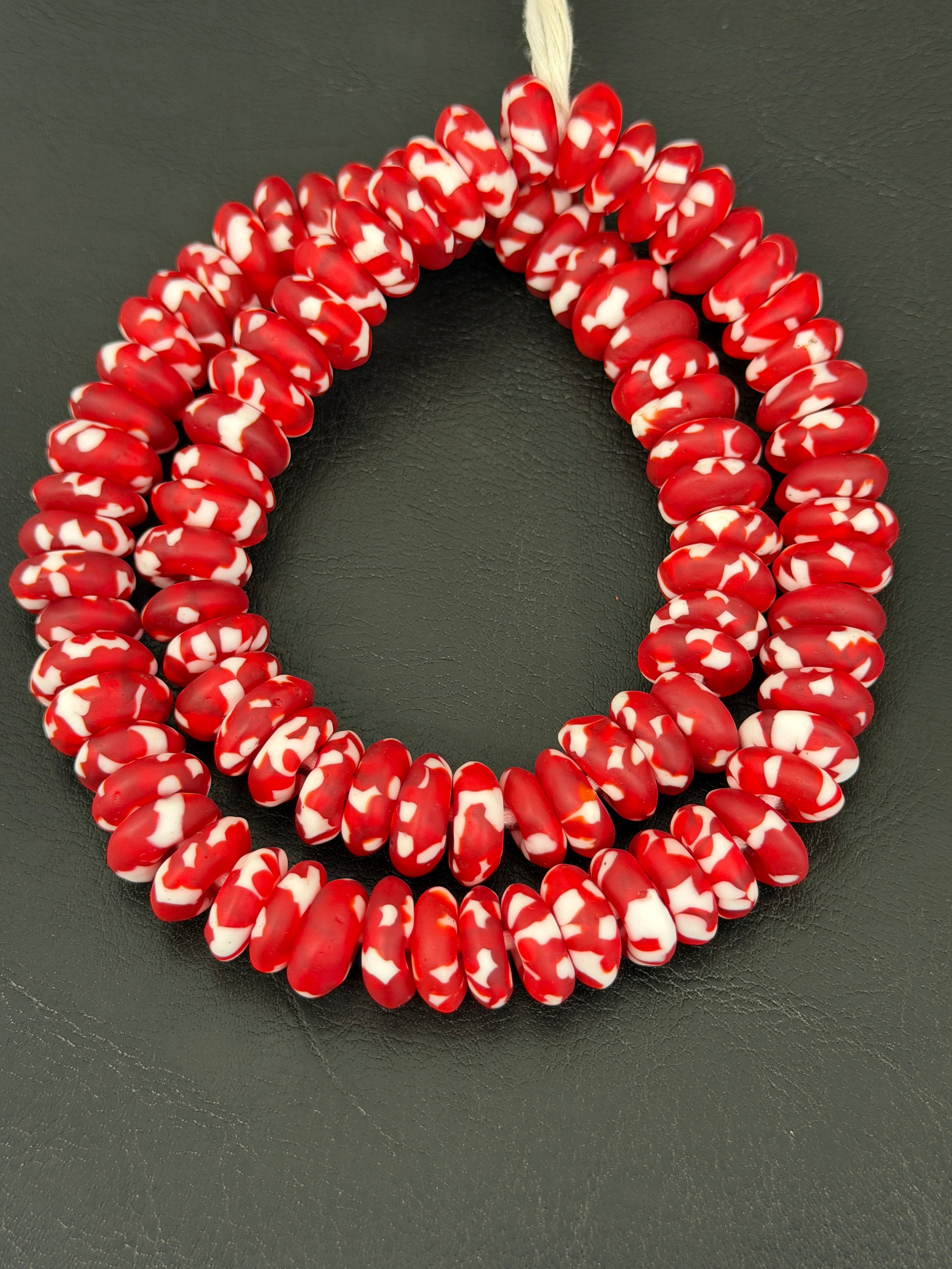 Authentic Ghana Fused Krobo Rondelle Beads – Crimson Red & Ivory Recycled Glass Beads