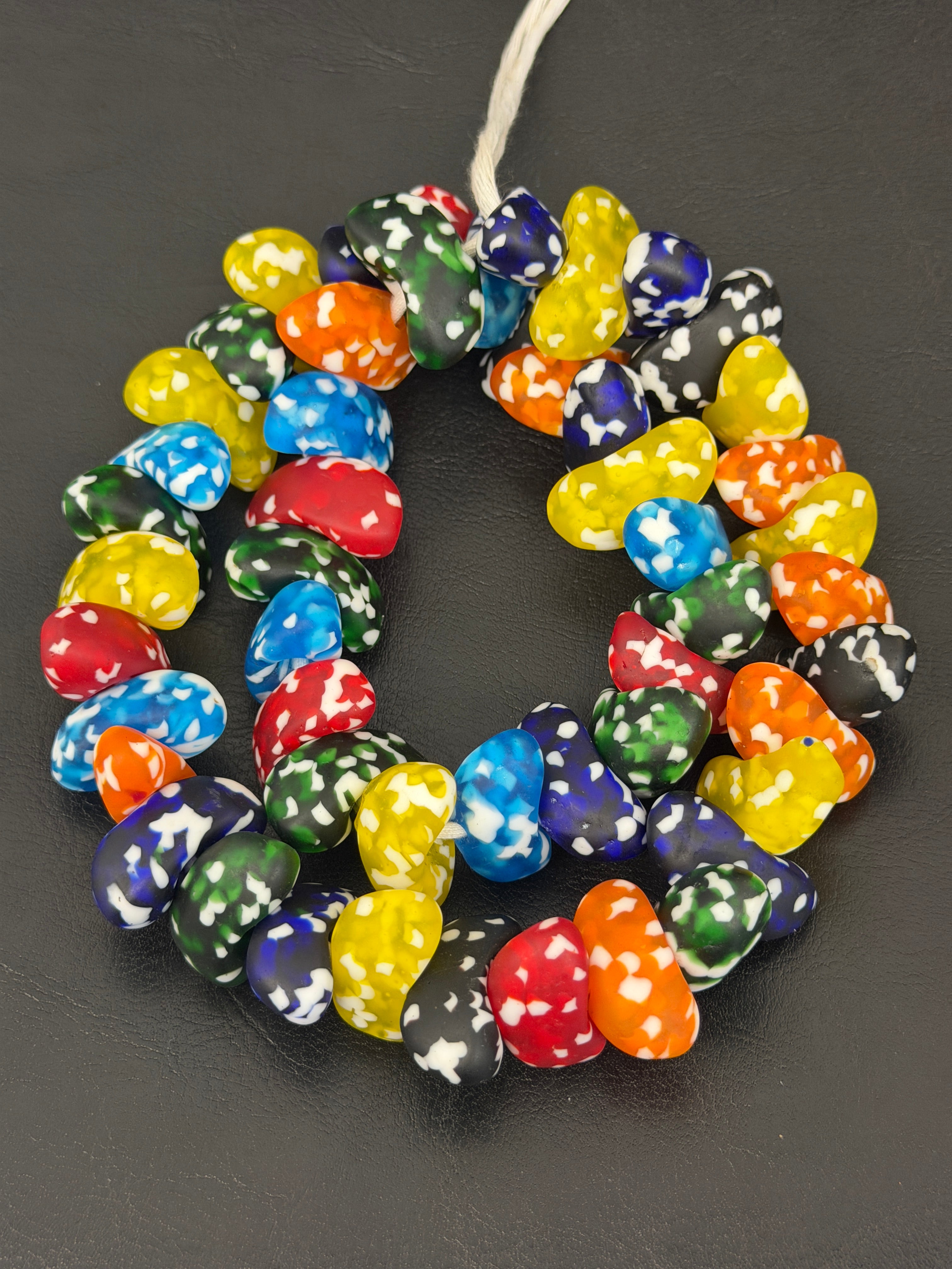 XL Multicolor Canoe-Shaped Krobo Powdered Glass Beads – Rainbow Mosaic African Recycled Glass Beads | Handmade Ghana Glass Beads | Statement Jewelry Beads Strand
