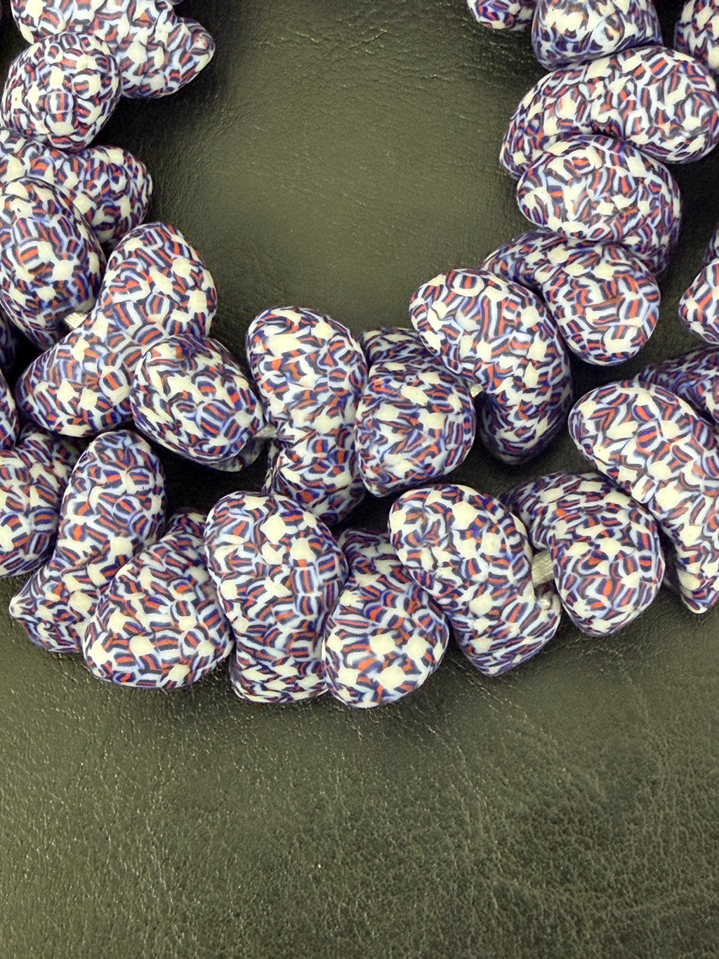 XL Patriotic Mosaic Canoe-Shaped Krobo Powdered Glass Beads – Red White Blue Patterned African Recycled Glass Beads | Handmade Ghana Glass Beads | Statement Jewelry Beads Strand