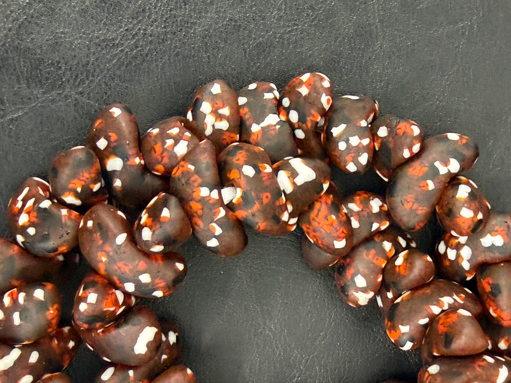 XL Cocoa Ember Canoe-Shaped Krobo Powdered Glass Beads | Brown, Rust & Ivory Recycled Glass Beads | Handmade African Beads from Ghana