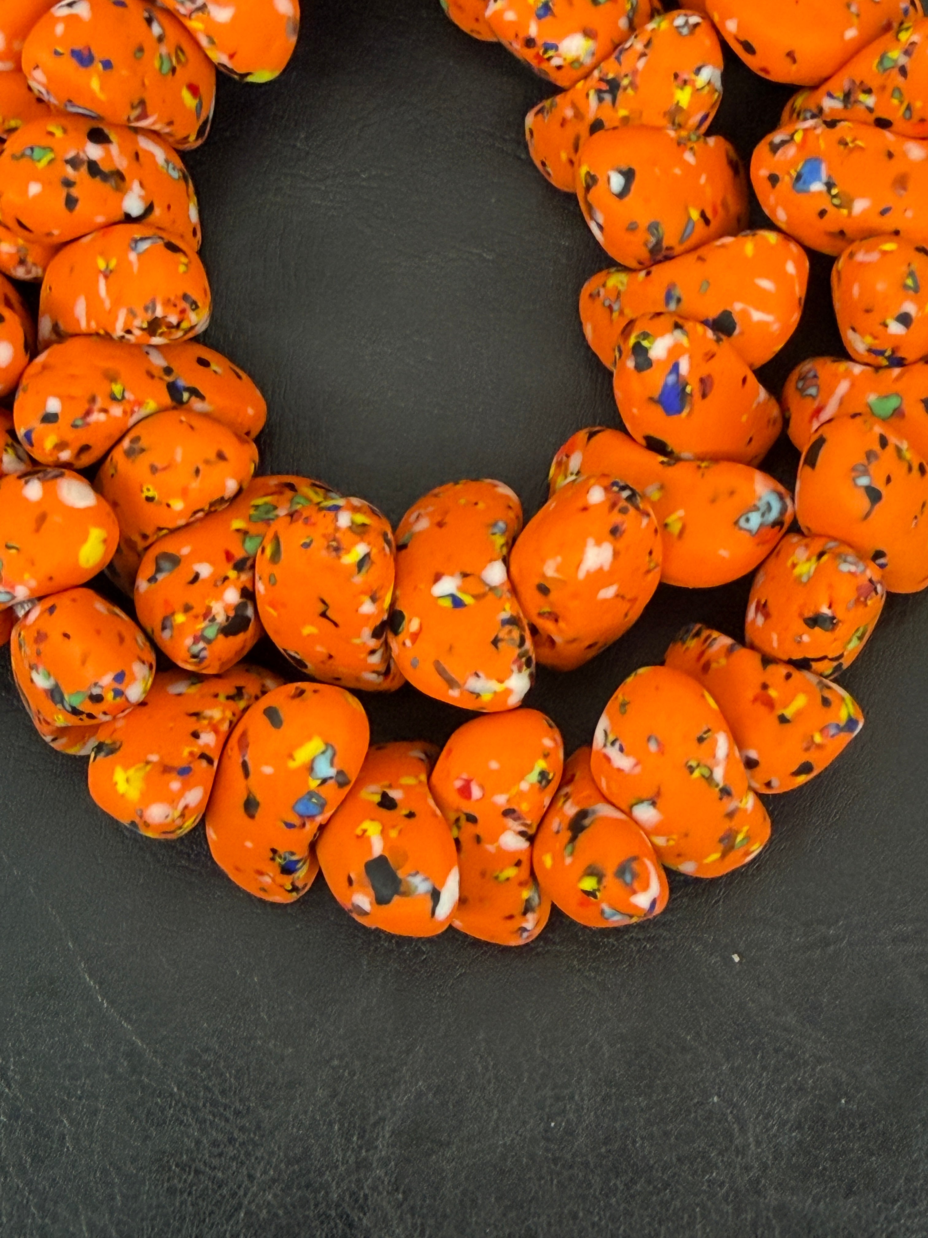 XL Tangerine Orange Confetti Canoe-Shaped Krobo Powdered Glass Beads | Handmade Recycled Glass Beads from Ghana | Large Hole African Designer Beads