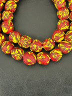 Fused Krobo Recycled Glass Beads 12–14mm | Crimson Red Yellow Handmade African Glass Beads from Ghana