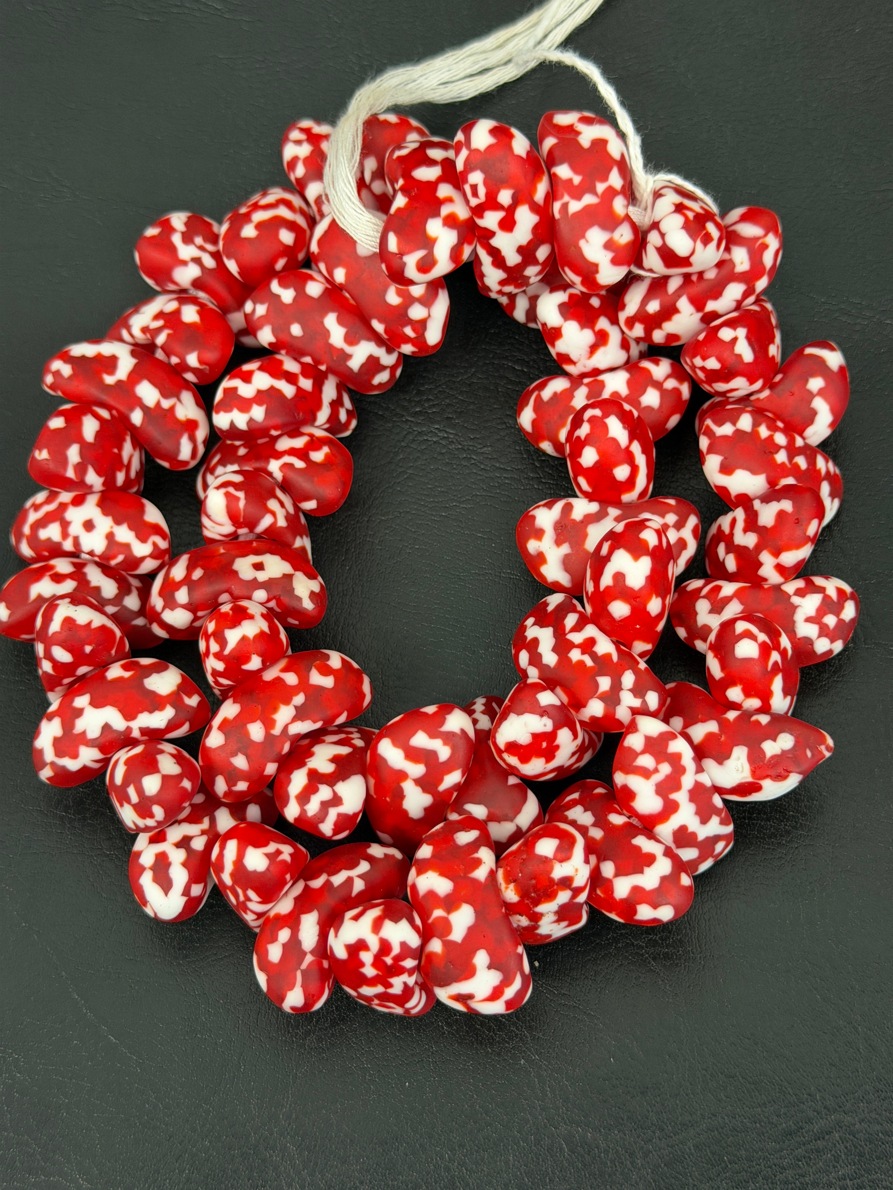 XL Red & Ivory Canoe-Shaped Krobo Powdered Glass Beads | Handmade Recycled Glass Beads from Ghana | Large Hole African Designer Beads