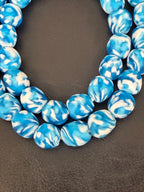 Fused Krobo Recycled Glass Beads 12–14mm | Aqua Blue & Ivory Handmade African Glass Beads from Ghana