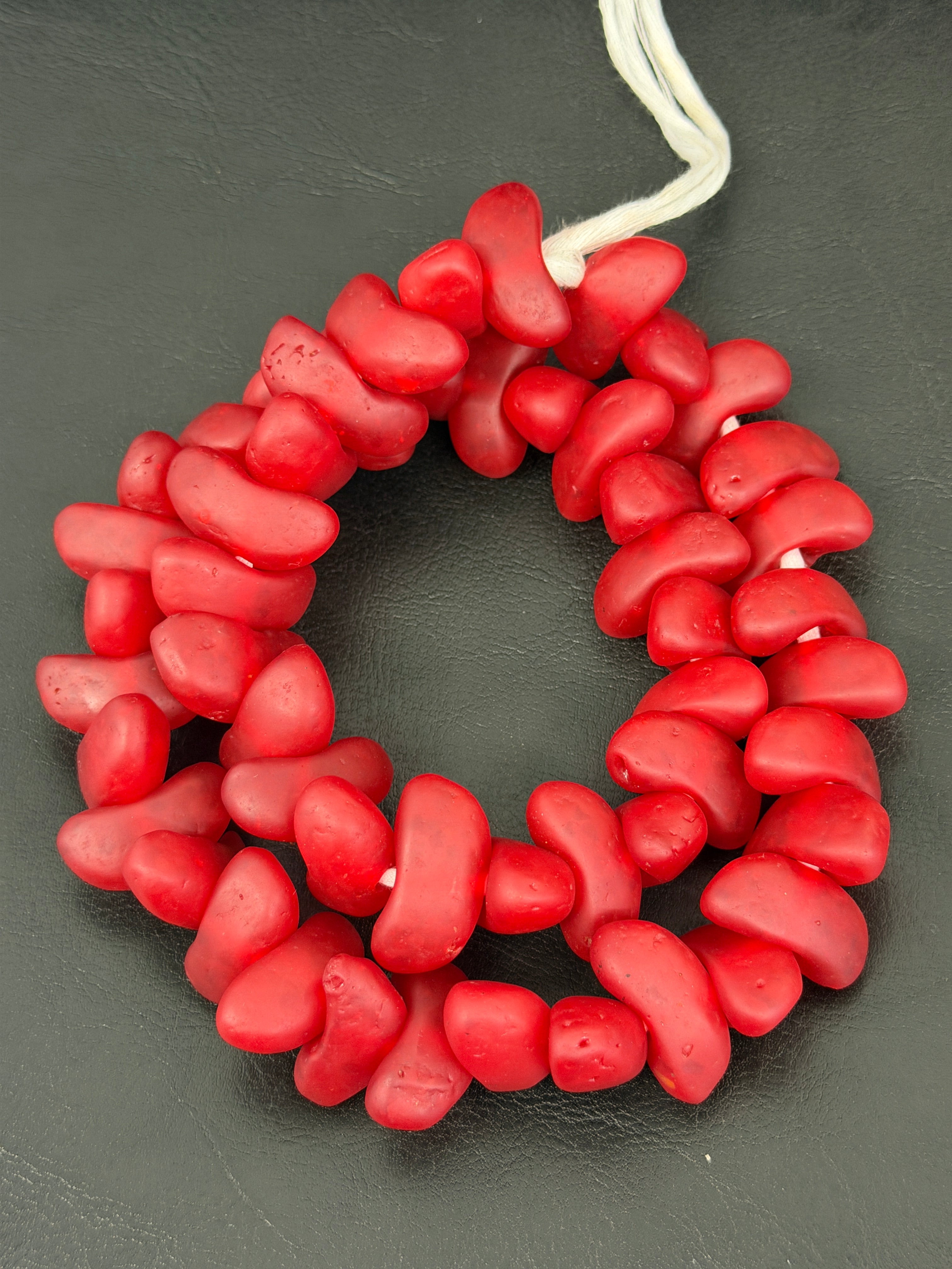 XL Ruby Red Canoe-Shaped Krobo Powdered Glass Beads | Large Hole Recycled Glass Beads | Handmade African Beads from Ghana