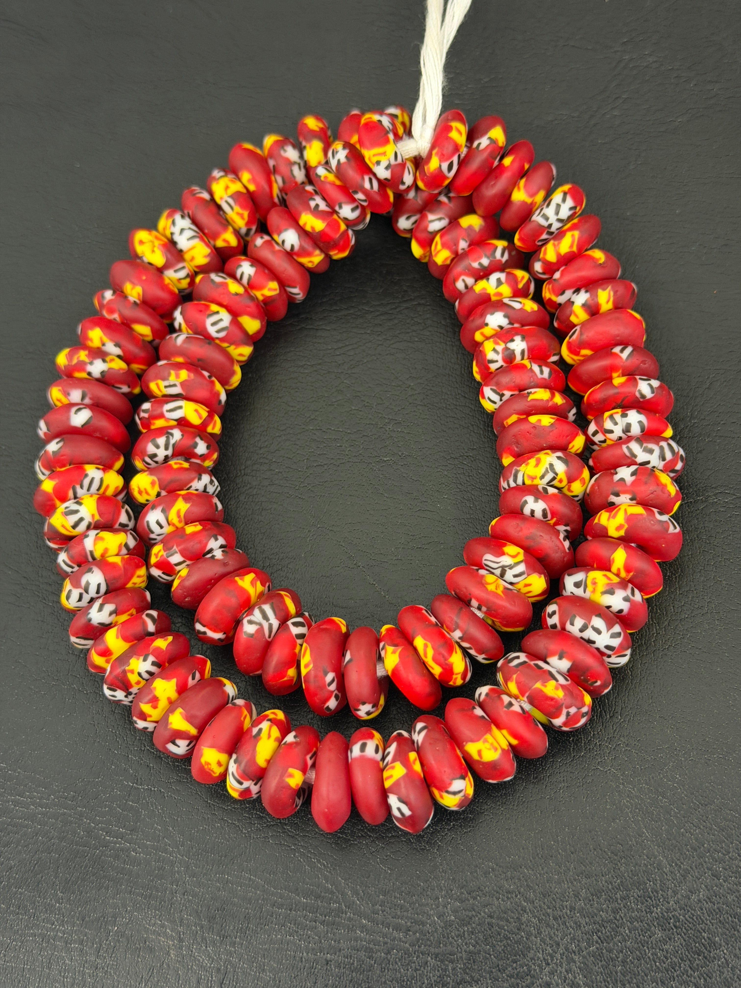 Red African Glass Bead Bundle: Hand-Painted Krobo Rondelle & Round Pocket Glass Beads from Ghana
