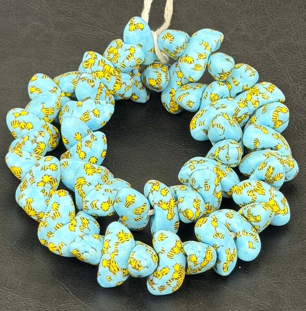 XL Sky Blue, Black & Golden Yellow Canoe-Shaped Krobo Powdered Glass Beads | Handmade Recycled Glass Beads from Ghana | Large Hole African Designer Beads