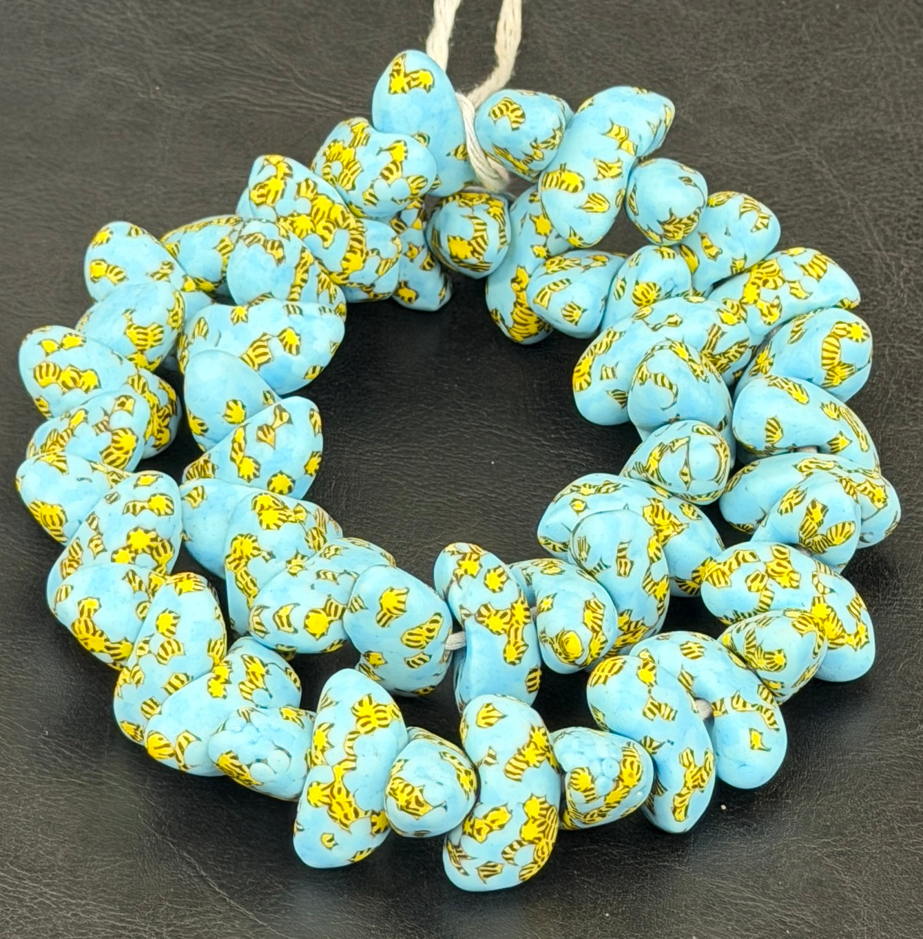 XL Sky Blue, Black & Golden Yellow Canoe-Shaped Krobo Powdered Glass Beads | Handmade Recycled Glass Beads from Ghana | Large Hole African Designer Beads
