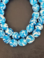 Fused Krobo Recycled Glass Beads 12–14mm | Aqua Blue & Ivory Handmade African Glass Beads from Ghana
