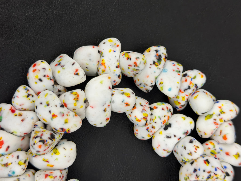 XL Confetti Snow Canoe-Shaped Krobo Powdered Glass Beads | White Multicolor Recycled Glass Beads | Handmade African Beads from Ghana