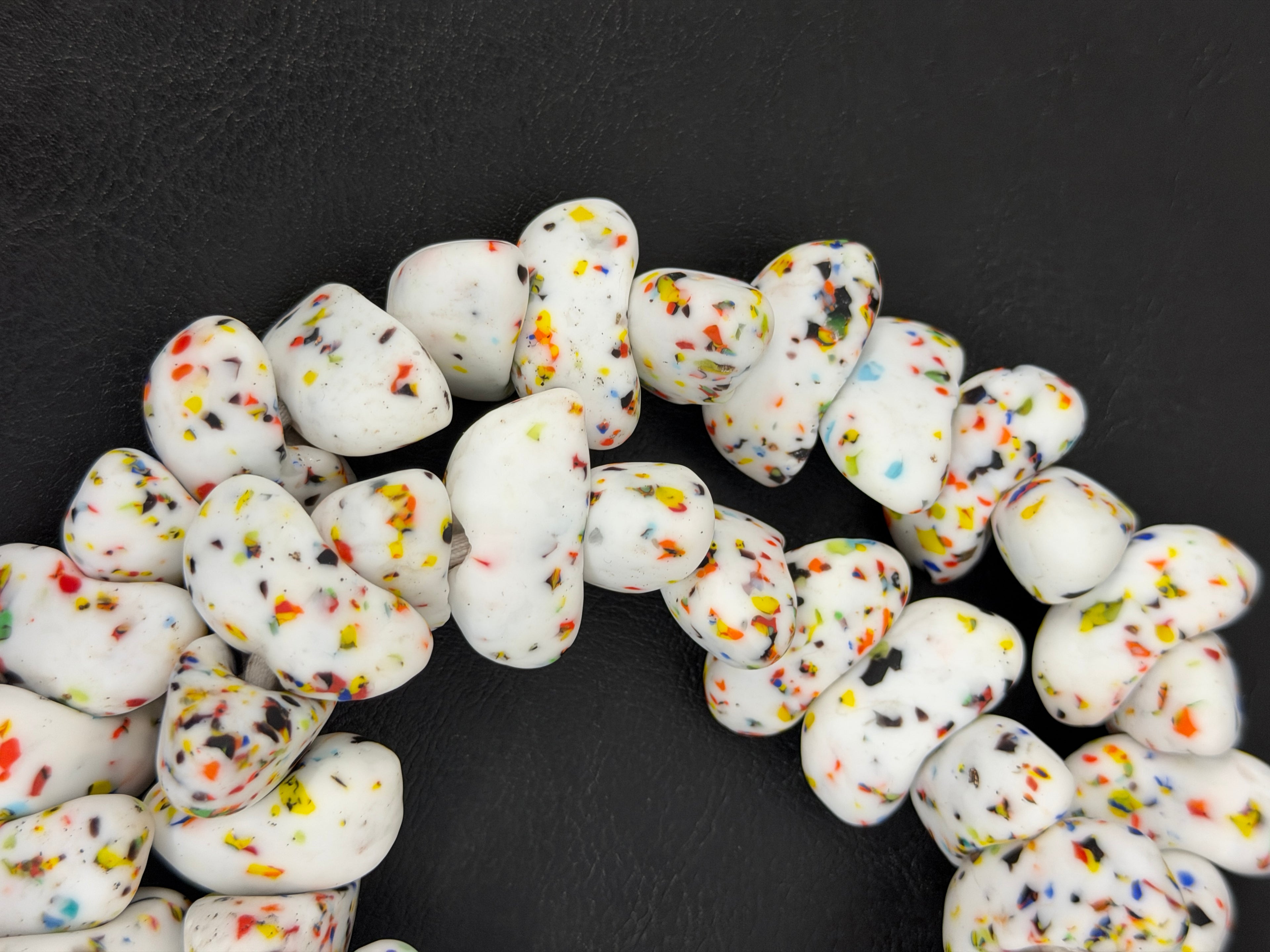 XL Confetti Snow Canoe-Shaped Krobo Powdered Glass Beads | White Multicolor Recycled Glass Beads | Handmade African Beads from Ghana