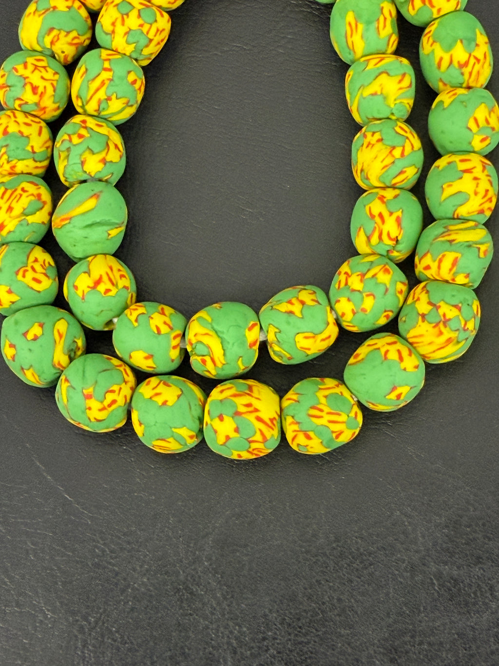 Fused Krobo Recycled Glass Beads 12–14mm | Green Yellow Handmade African Glass Beads from Ghana
