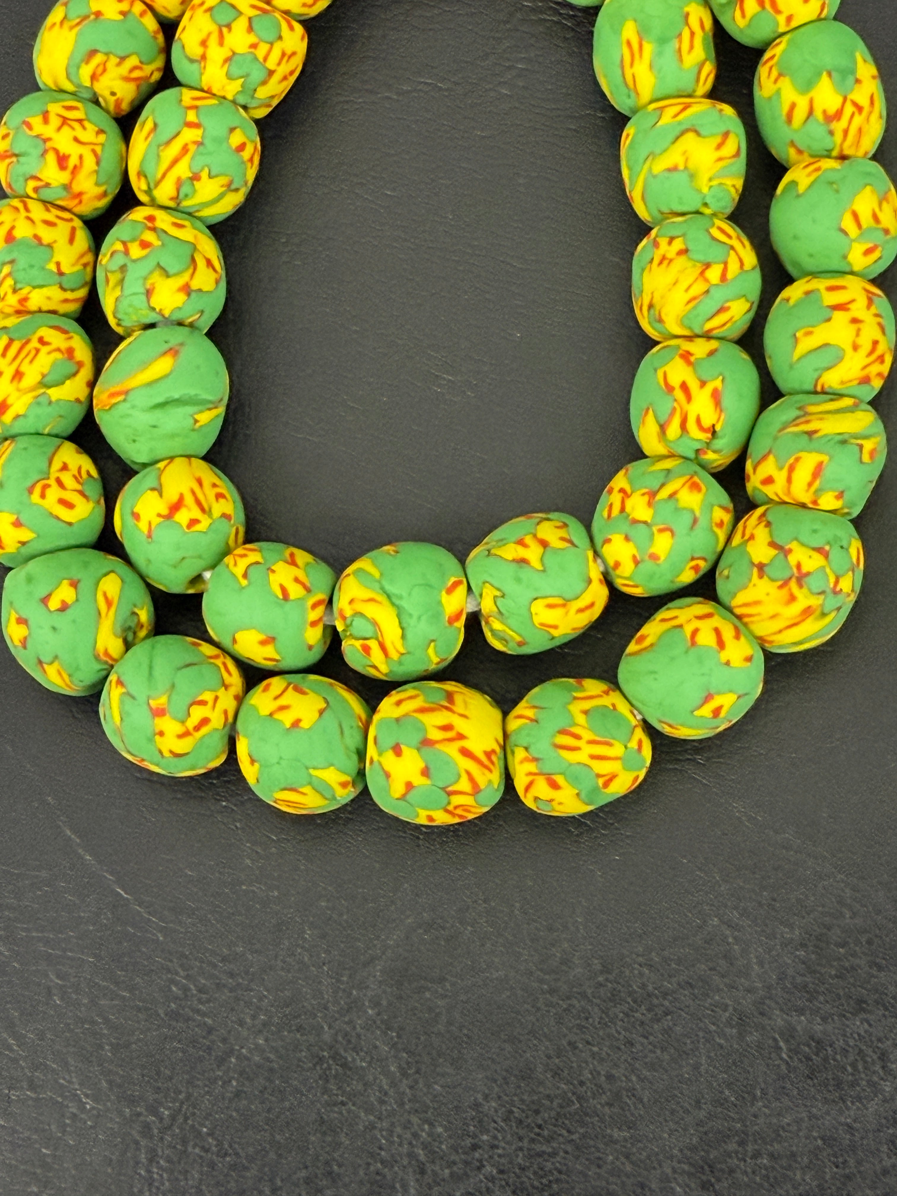 Fused Krobo Recycled Glass Beads 12–14mm | Green Yellow Handmade African Glass Beads from Ghana