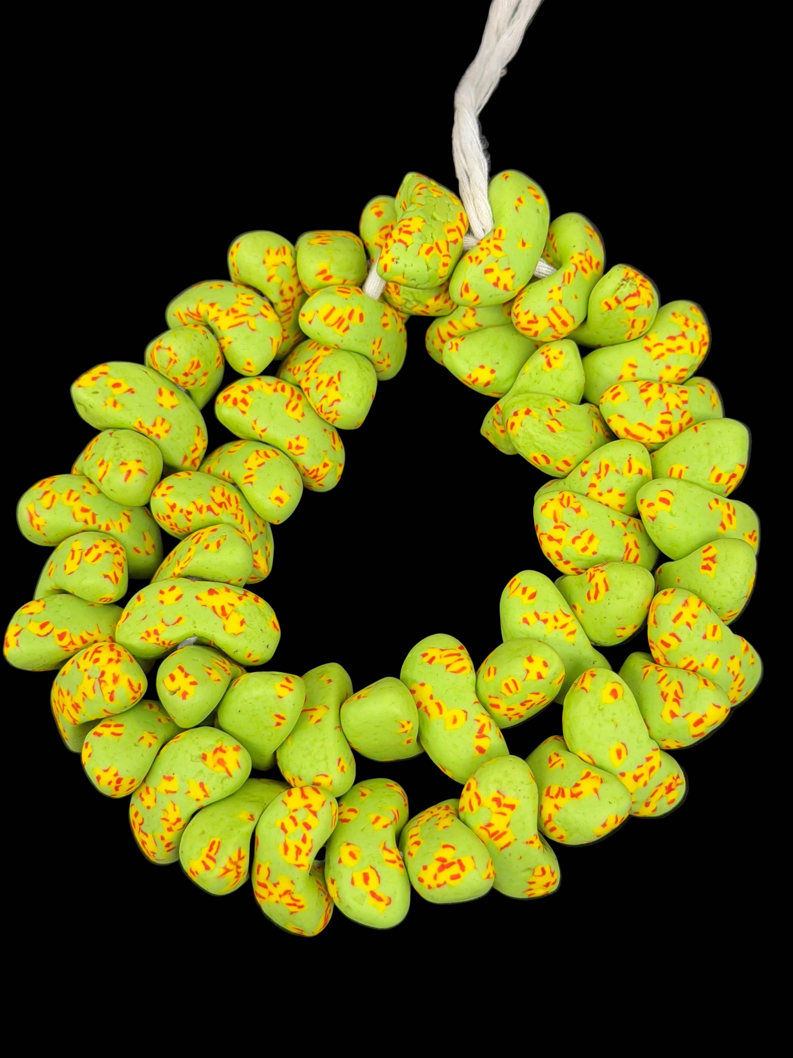 XL Canoe-Shaped Krobo Powdered Glass Beads – Lime Green & Orange Speckled African Recycled Glass Beads | Large Artisan Beads from Ghana | 1 Strand