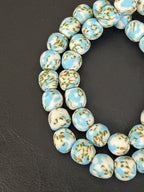 Sky Blue & Ivory Fused Krobo Recycled Glass Beads 12–14mm | Handmade African Glass Beads from Ghana | 44 Beads Per Strand