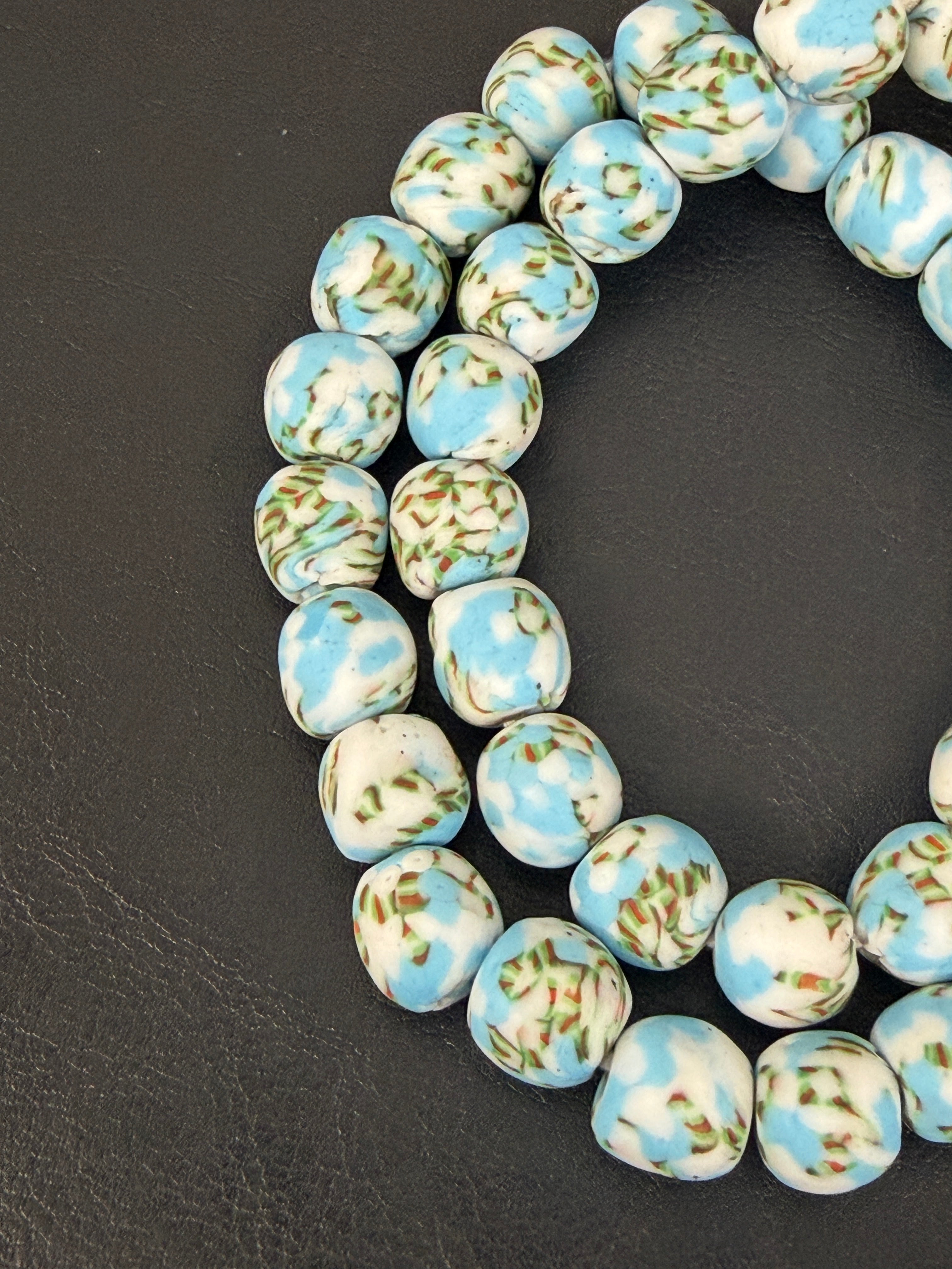 Sky Blue & Ivory Fused Krobo Recycled Glass Beads 12–14mm | Handmade African Glass Beads from Ghana | 44 Beads Per Strand