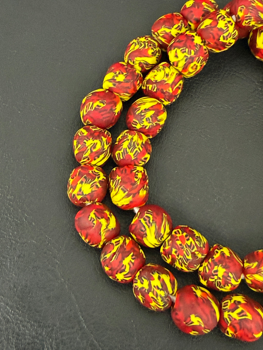 Fused Krobo Recycled Glass Beads 12–14mm | Crimson Red Yellow Handmade African Glass Beads from Ghana