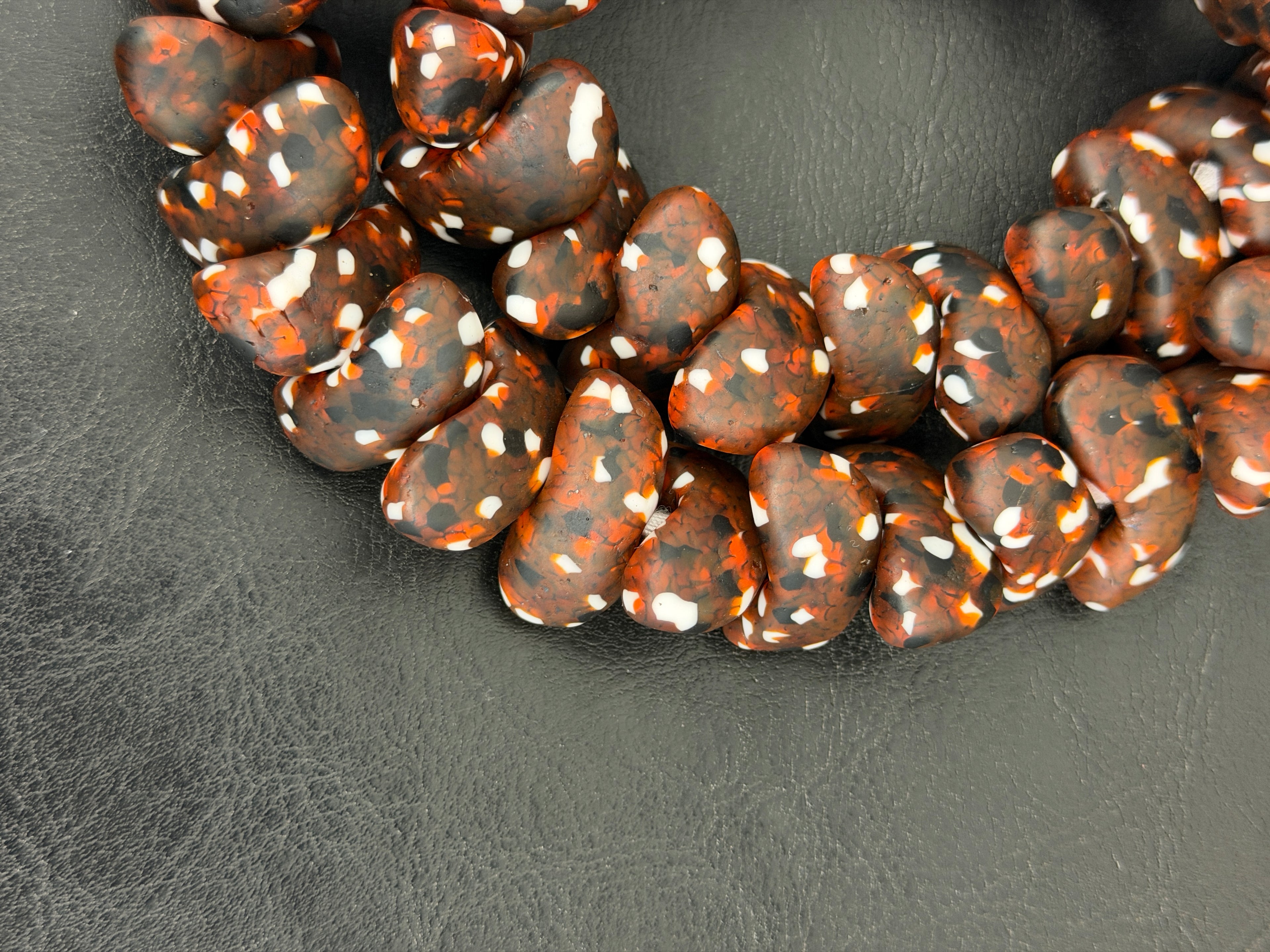 XL Cocoa Ember Canoe-Shaped Krobo Powdered Glass Beads | Brown, Rust & Ivory Recycled Glass Beads | Handmade African Beads from Ghana