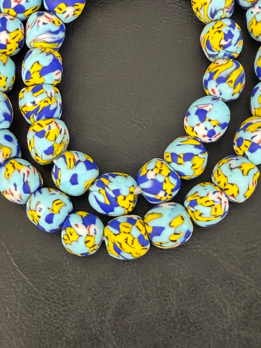 Authentic Fused Krobo Recycled Glass Beads 12–14mm | Blue Yellow African Glass Beads | Handmade in Ghana