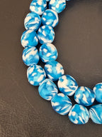 Fused Krobo Recycled Glass Beads 12–14mm | Aqua Blue & Ivory Handmade African Glass Beads from Ghana