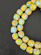 Sky Blue & Ivory Fused Krobo Recycled Glass Beads 12–14mm | Handmade African Glass Beads from Ghana | 44 Beads Per Strand