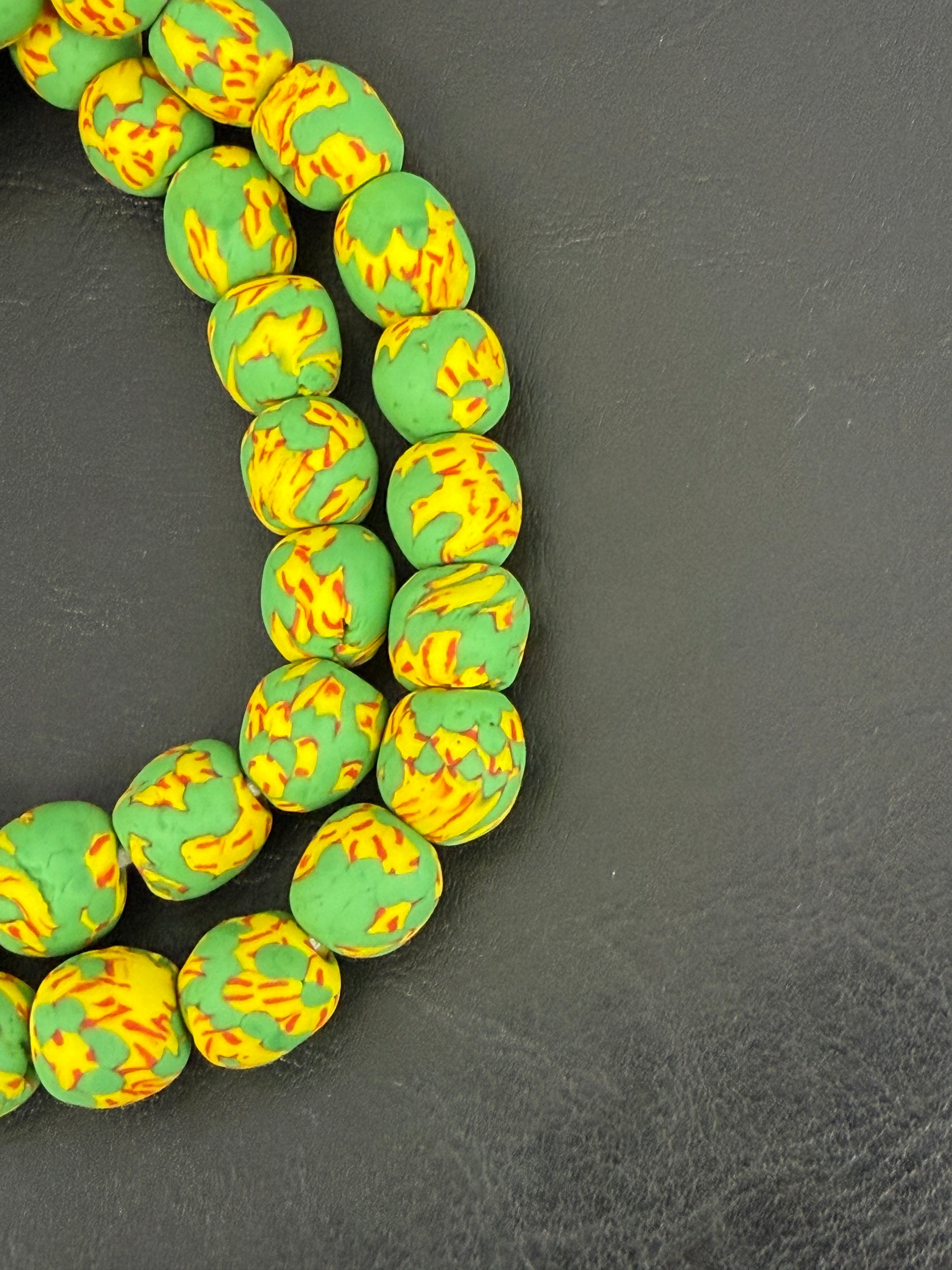 Fused Krobo Recycled Glass Beads 12–14mm | Green Yellow Handmade African Glass Beads from Ghana