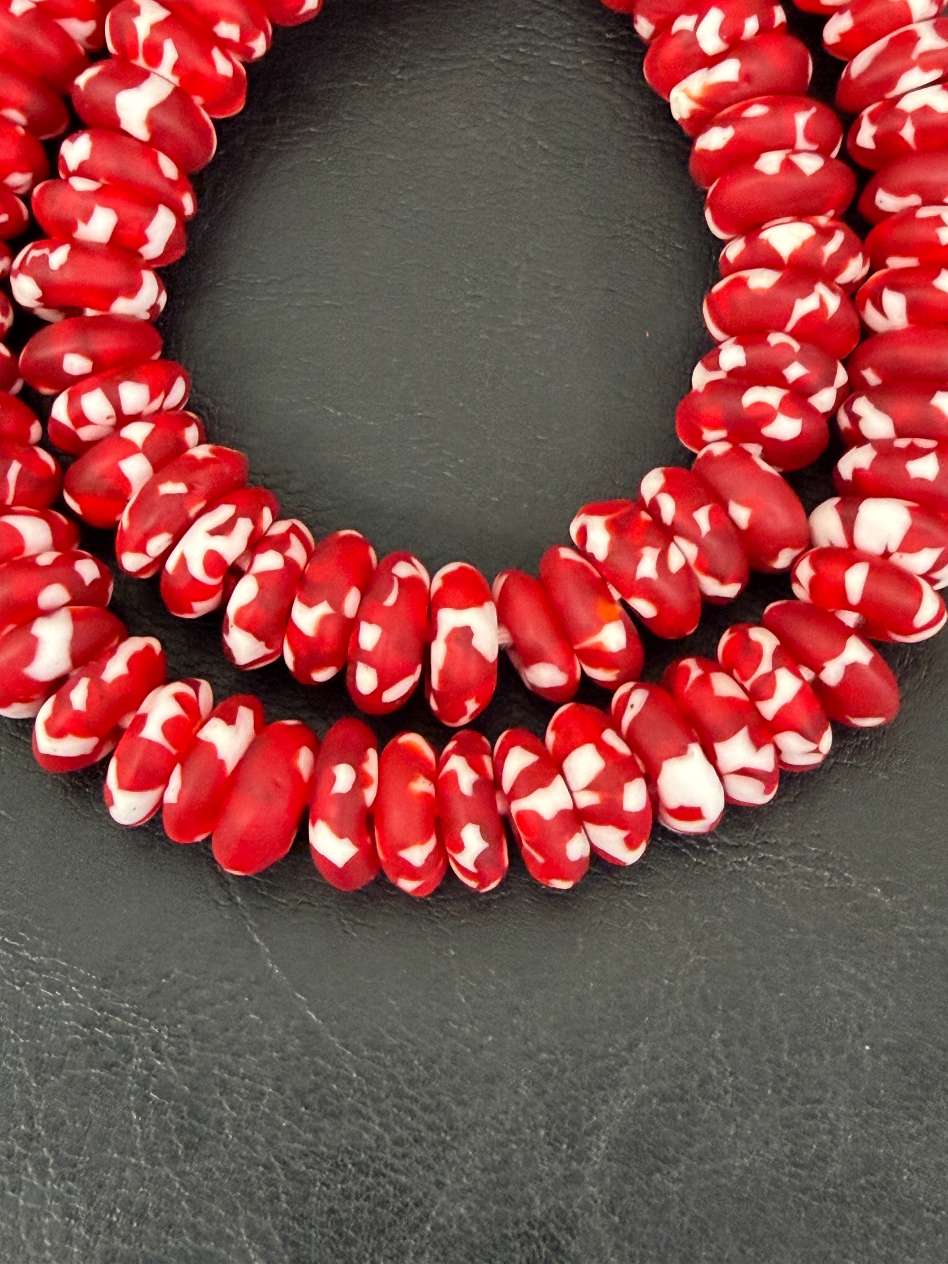 Authentic Ghana Fused Krobo Rondelle Beads – Crimson Red & Ivory Recycled Glass Beads