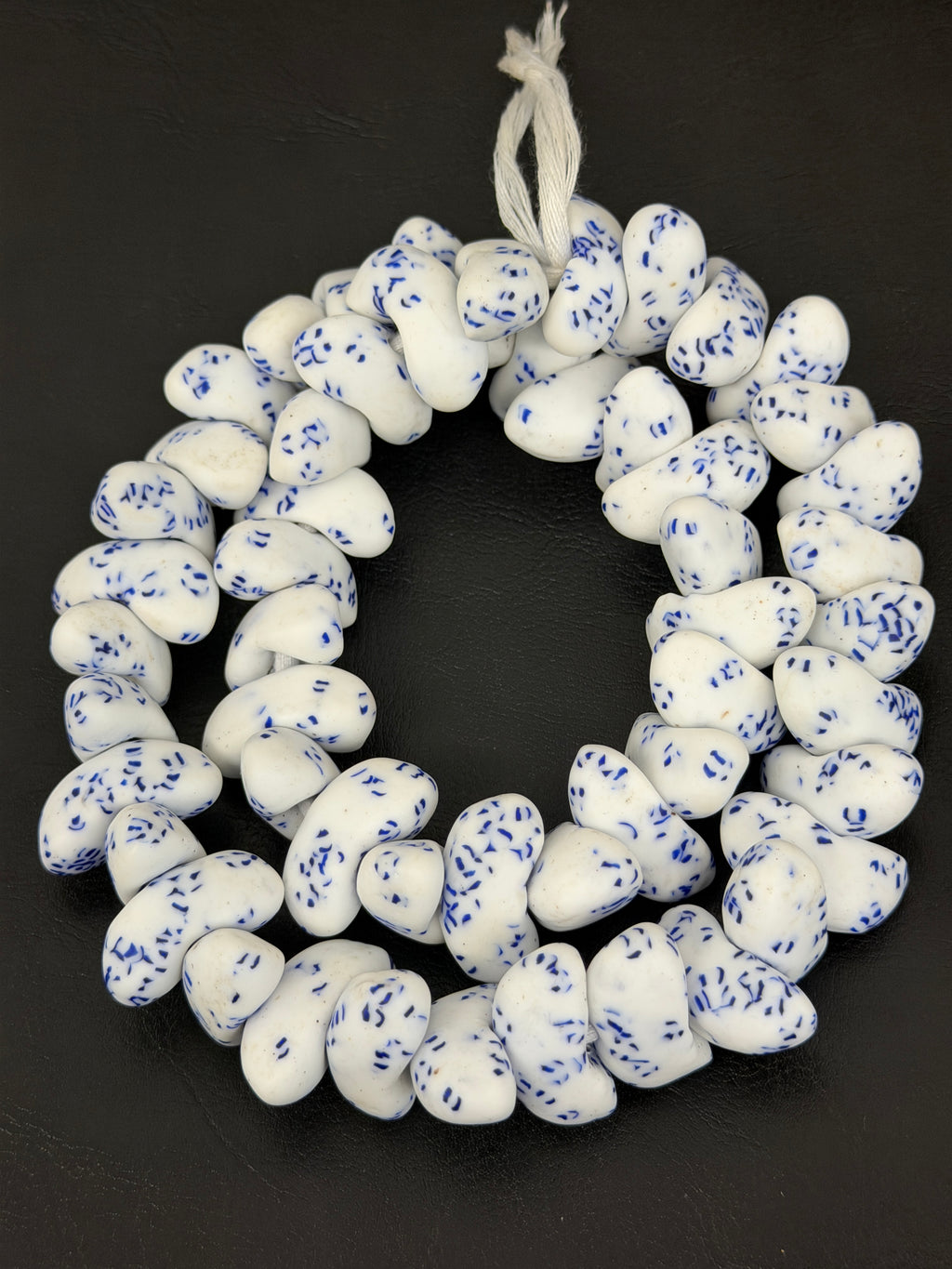 XL White & Cobalt Blue Canoe-Shaped Krobo Powdered Glass Beads | Handmade Recycled Glass Beads from Ghana | African Statement Beads